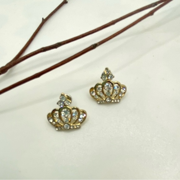 Queen Princess Crown Earrings Gold-Tone & Rhinestone Pierced Earrings - Picture 5 of 8